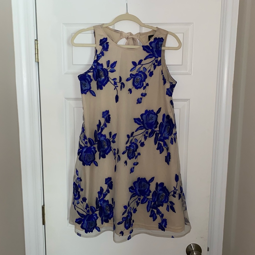Beige By Eci Tan Dress W/ Embroidered Blue Flowers